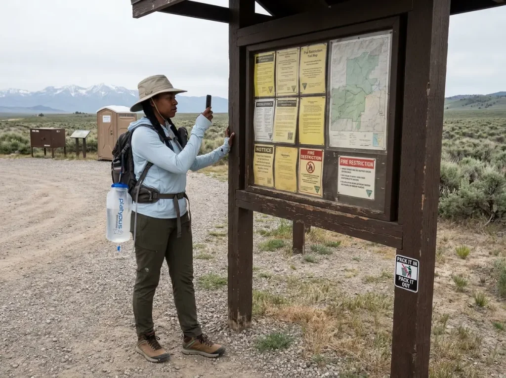 BLM information kiosk with regulations posted at a desert trailhead