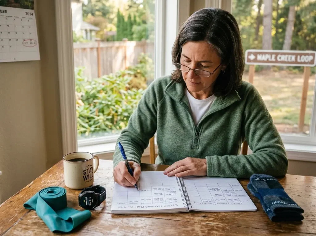 Older hiker reviewing a handwritten training schedule at a kitchen table with hiking gear nearby