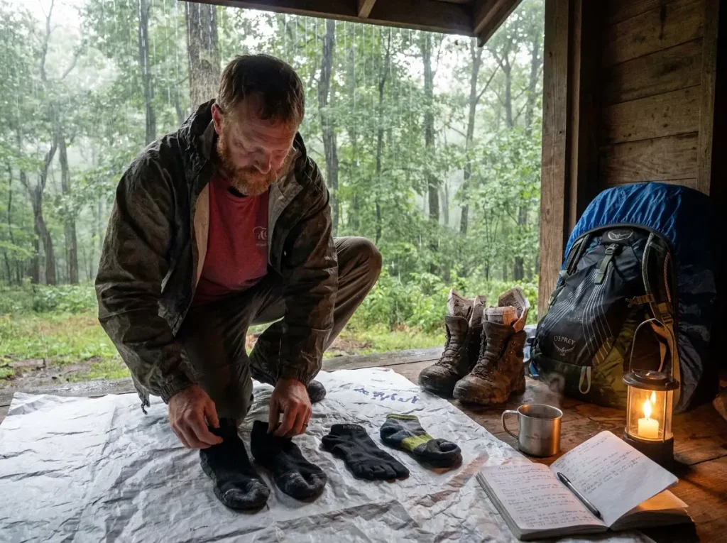 Hiker organizing gear including multiple sock pairs for wet weather hiking
