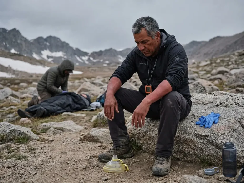 Exhausted hiker sitting on trail after prolonged CPR attempt in remote setting