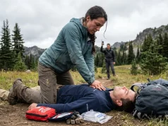 Why Standard CPR Training Fails on the Trail Hiker performing CPR on another hiker on a remote backcountry trail