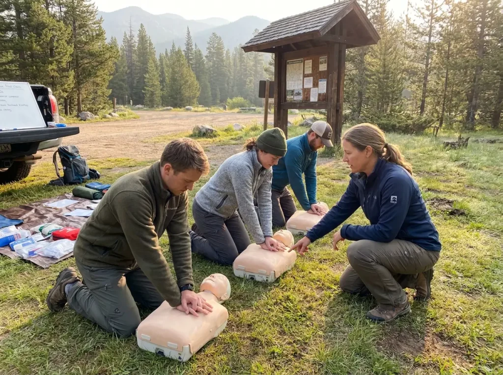 Wilderness first aid training course participants practicing CPR outdoors