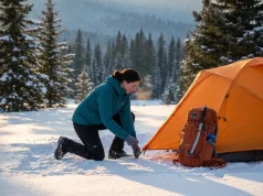 How to Start Winter Camping as a Day Hiker Day hiker setting up winter camp in snowy forest at golden hour