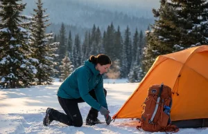 How to Start Winter Camping as a Day Hiker Day hiker setting up winter camp in snowy forest at golden hour