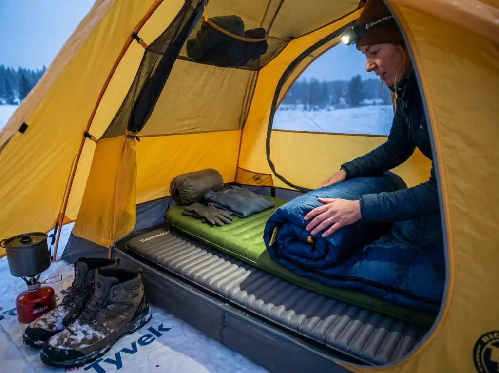 Winter camping sleeping setup with stacked sleeping pads inside tent