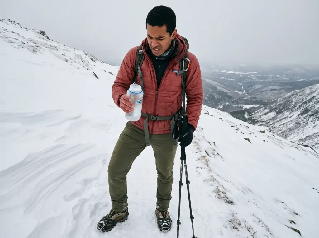 Hiker on winter trail with frozen water bottle and icy conditions