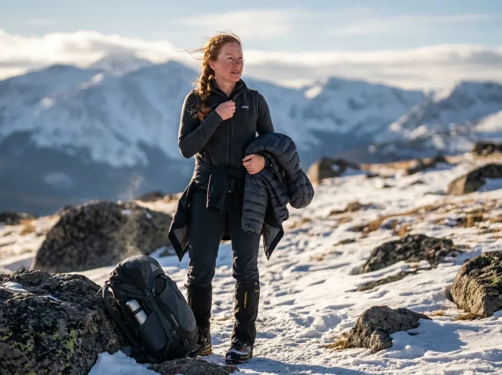 Hiker adjusting layers on a cold weather trail wearing merino base layer