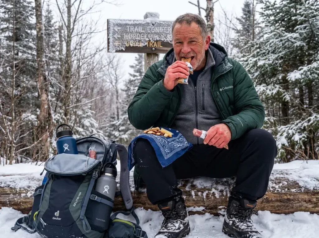 Winter hiker eating energy bar on snowy trail with insulated water bottles