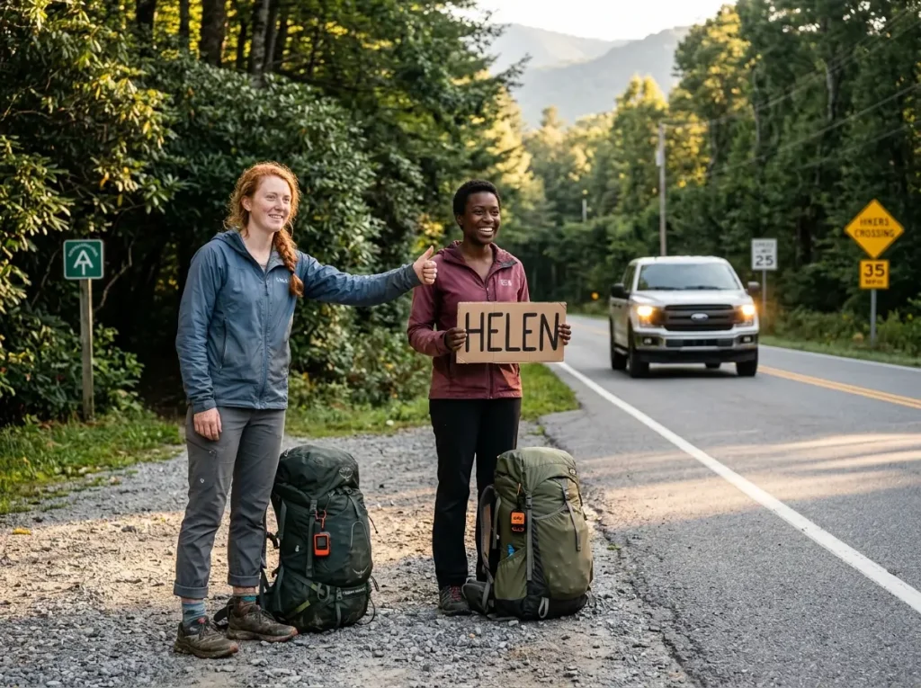 Two female thru-hikers hitchhiking together at road crossing