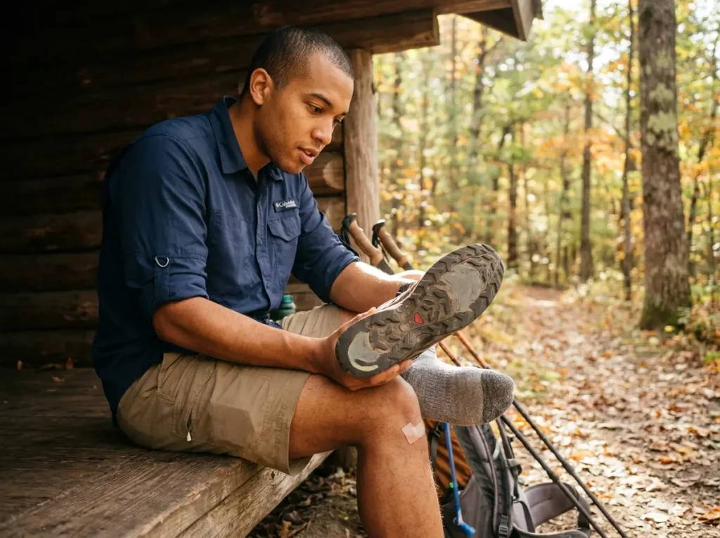 Hiker examining worn hiking boot sole showing uneven tread wear pattern
