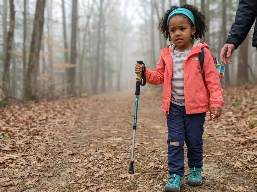 Young child hiking with a single trekking pole on an easy forest trail
