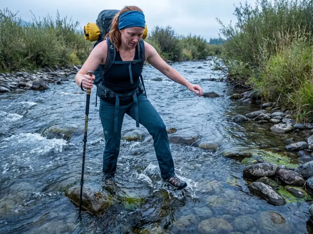 Hiker crossing a stream with items secure in zippered hiking pants pockets
