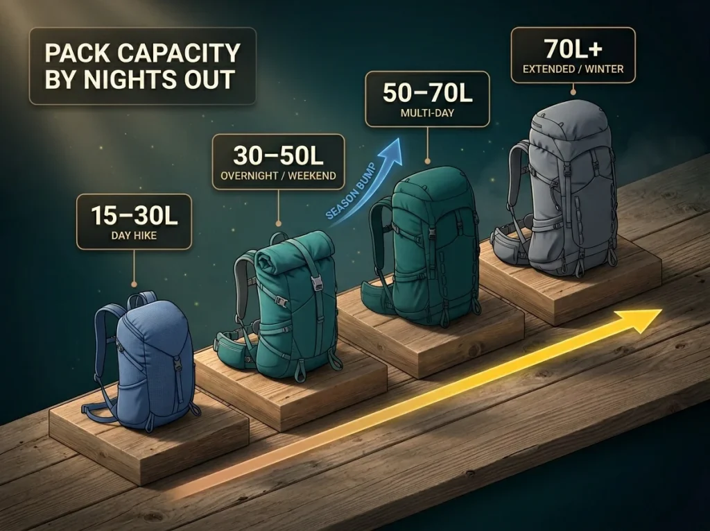 Infographic showing hiking backpack capacity ladder mapping liters to trip type with a season-bump arrow and labeled tiers