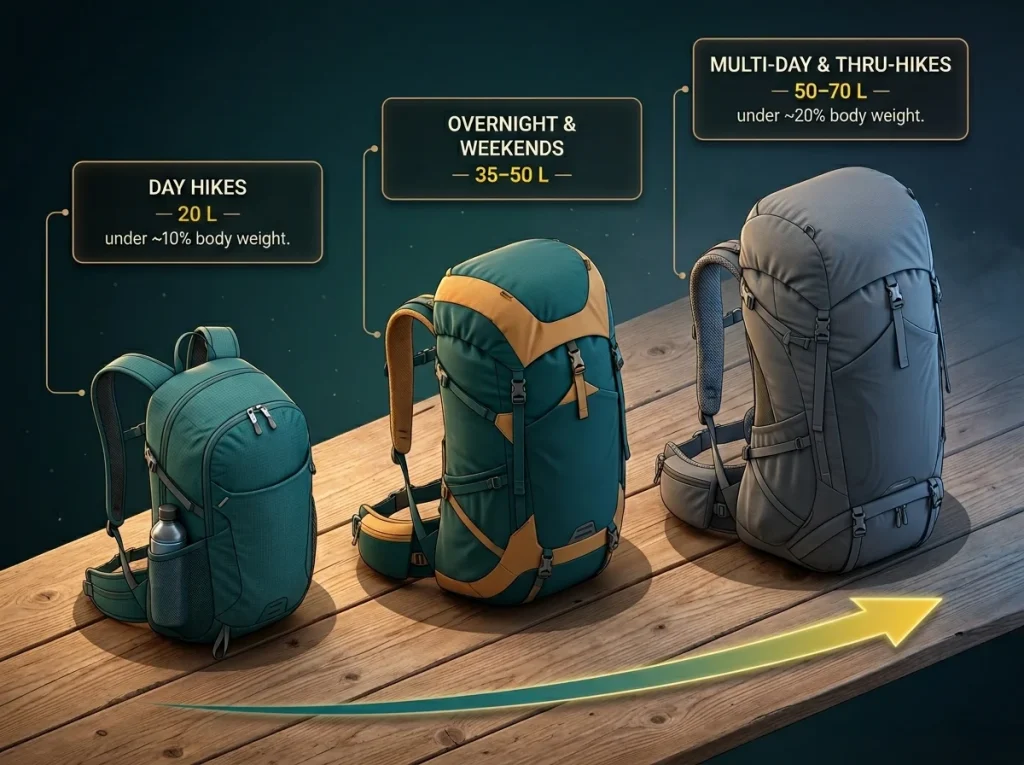 Comparison infographic showing three hiking backpack sizes scaled to 15-25L, 35-50L, 50-70L with trip type and weight ceilings
