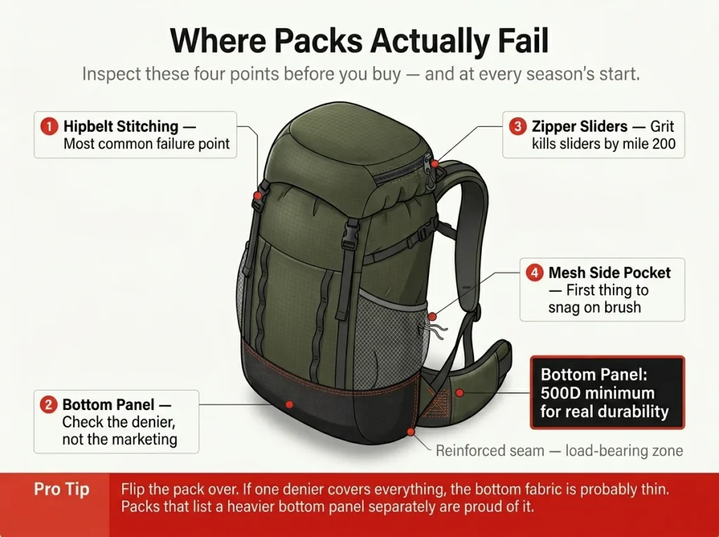 Annotated diagram of a loaded backpack showing four failure points — hipbelt stitching, bottom panel, zipper sliders, mesh side pocket — with denier callout and inspection guide