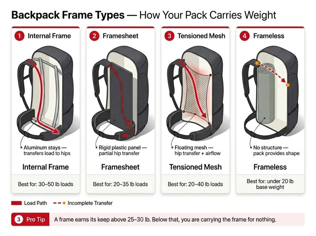 Side-by-side cutaway diagram of four backpack frame types showing internal frame, framesheet, tensioned mesh, and frameless with load path arrows from shoulders to hipbelt