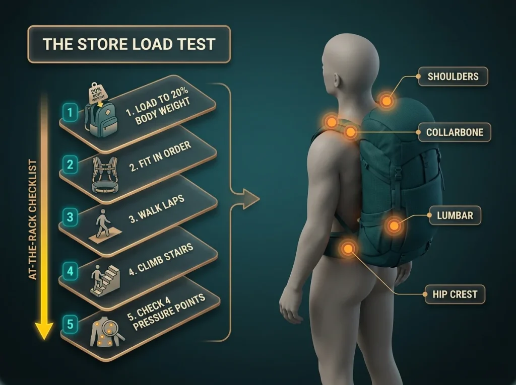 Infographic with an at-the-rack load-test checklist and a body diagram marking common backpack hot spots