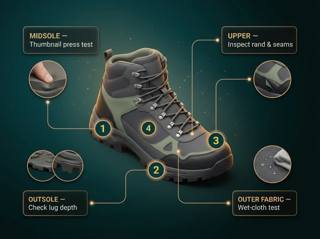 Hiking boot diagram marking four failure zones with the diagnostic test for each: midsole, outsole, upper, and outer fabric