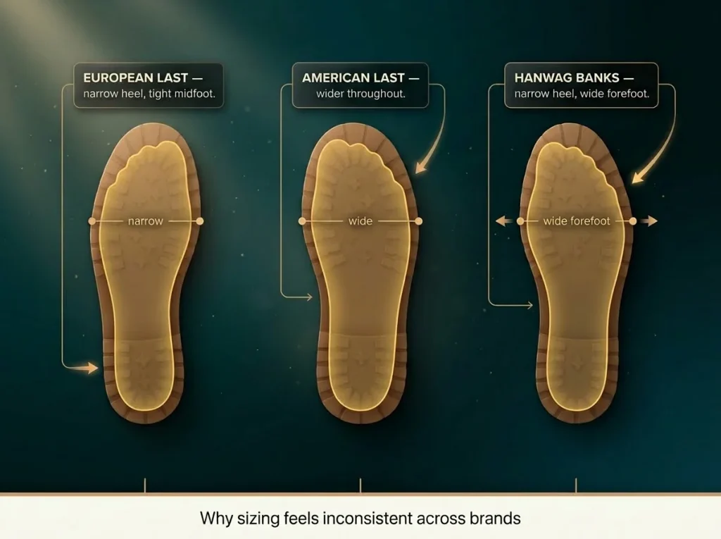 Top-down diagram comparing European, American, and Hanwag wide-fit boot last shapes with foot outline overlay