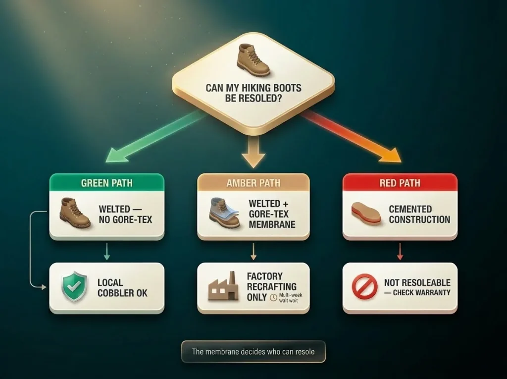 Decision flowchart showing whether hiking boots can be resoled based on welt construction and Gore-Tex membrane