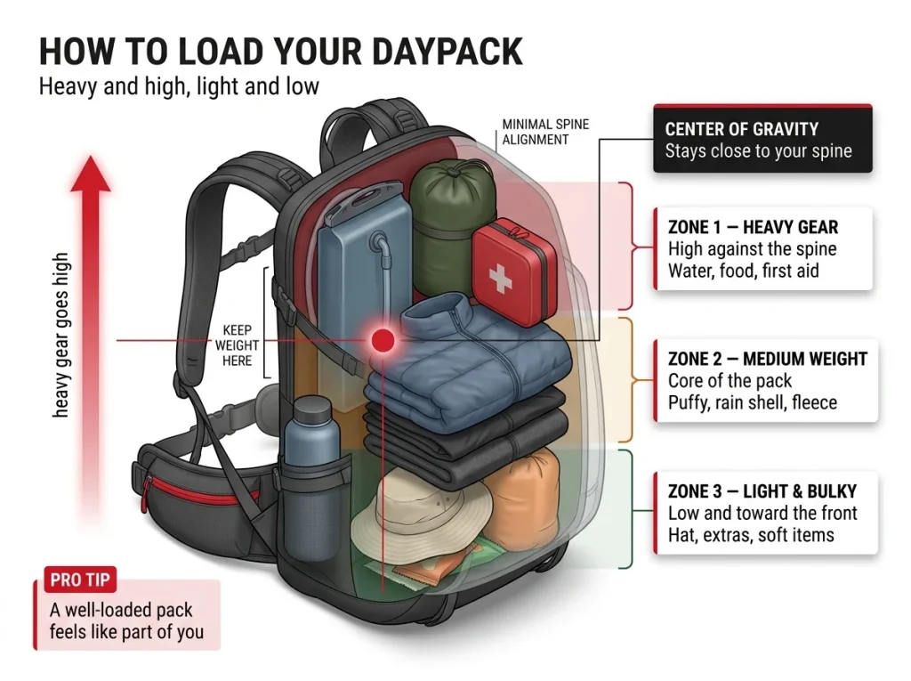 Cutaway diagram of a loaded daypack showing weight zones — heavy gear high against spine, medium core, light bulky items low — with center-of-gravity marker