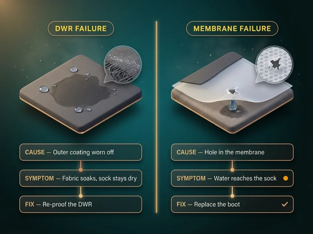 Two-column comparison chart contrasting DWR failure and membrane failure with cause, symptom, and fix for each