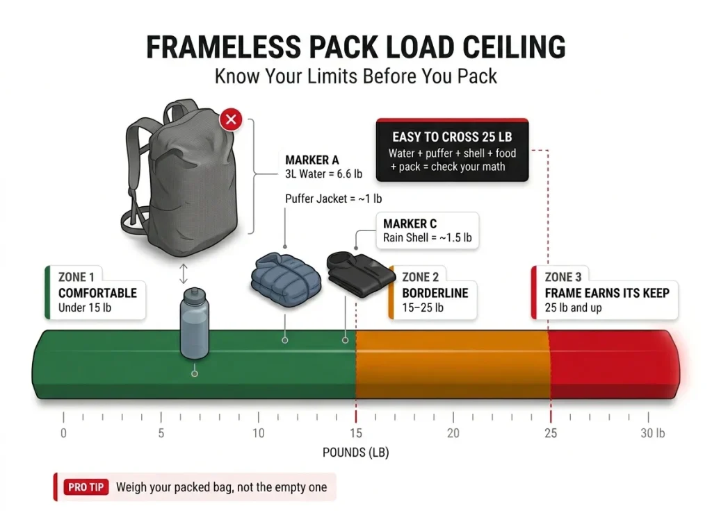 Infographic load-ceiling gauge for frameless daypacks showing green, amber, and red weight zones with common gear weights marked along the scale