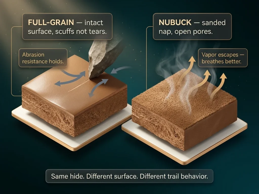 Cross-section diagram comparing full-grain and nubuck leather uppers with vapor escape and abrasion resistance arrows