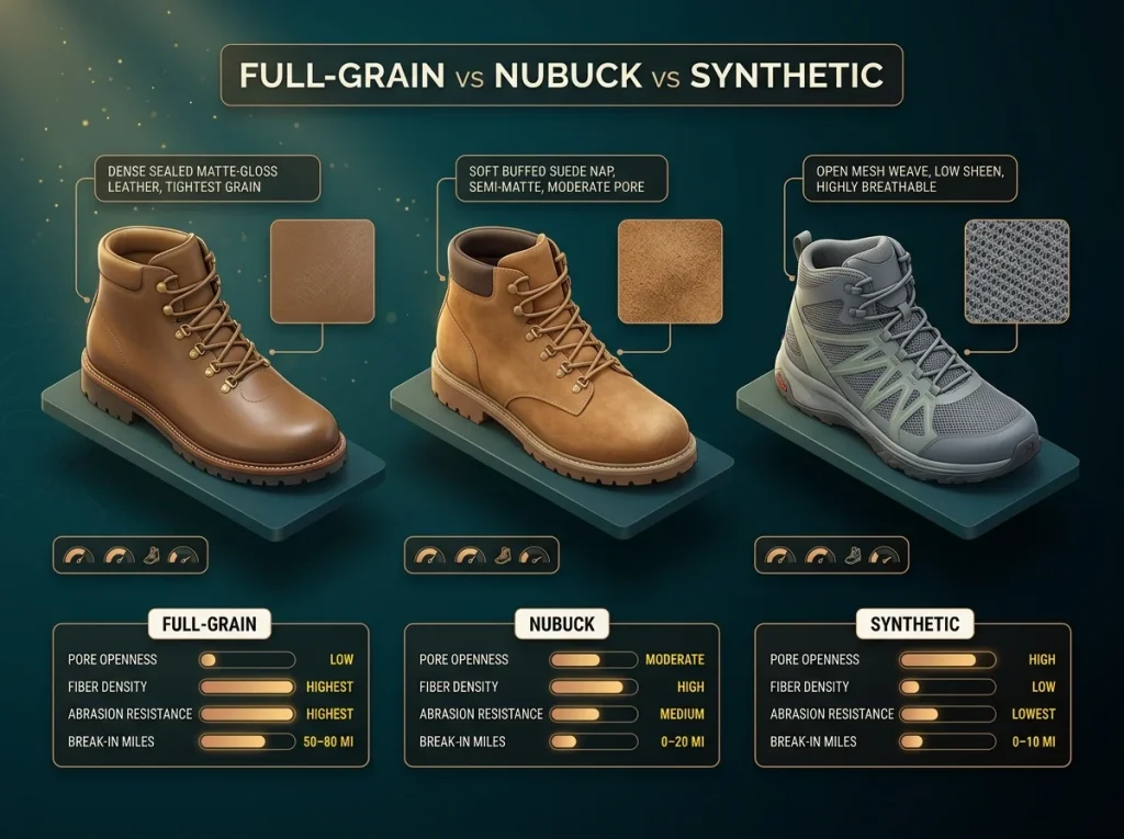 Three-boot comparison infographic showing full-grain, nubuck, and synthetic upper textures with pore, density, abrasion, and break-in labels