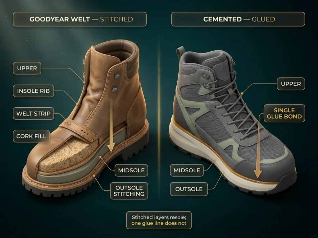 Cross-section diagram comparing Goodyear welt vs cemented hiking boot construction with labeled layers and sole attachment