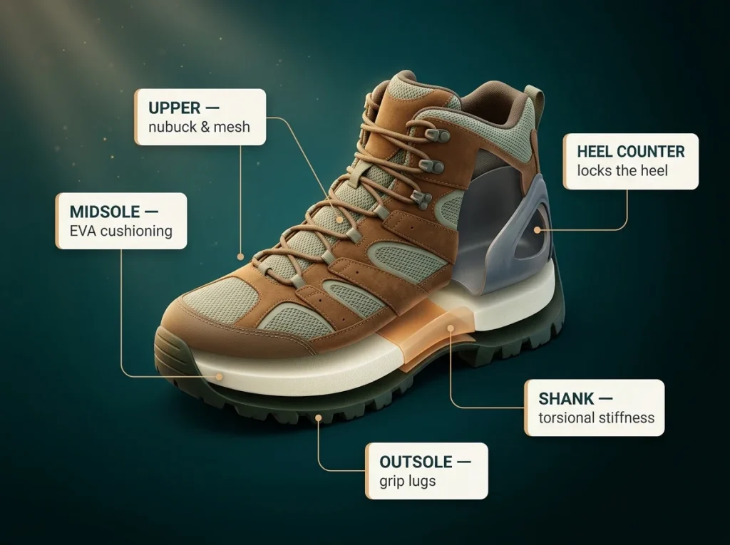 Annotated cross-section of a hiking boot labeling upper, midsole, outsole lugs, shank, and heel counter for beginners