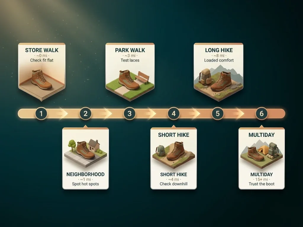 Break-in progression timeline showing six hiking boot stages with cumulative mileage and what to check at each stage