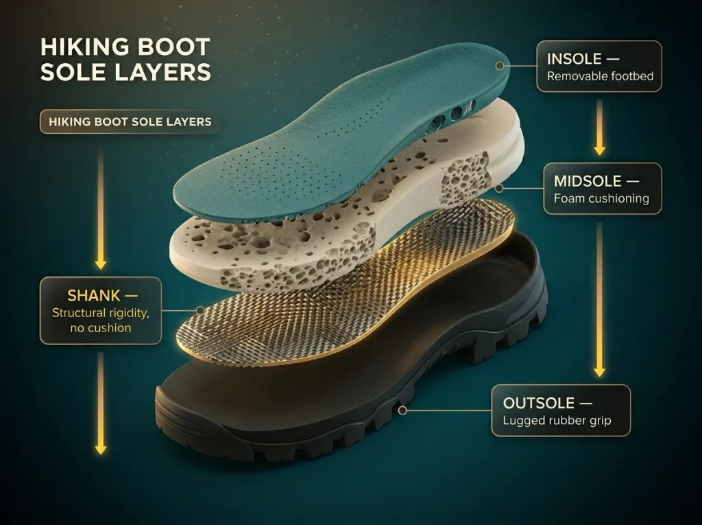Cross-section diagram showing hiking boot sole layers with labeled outsole, shank, midsole, and insole and their roles
