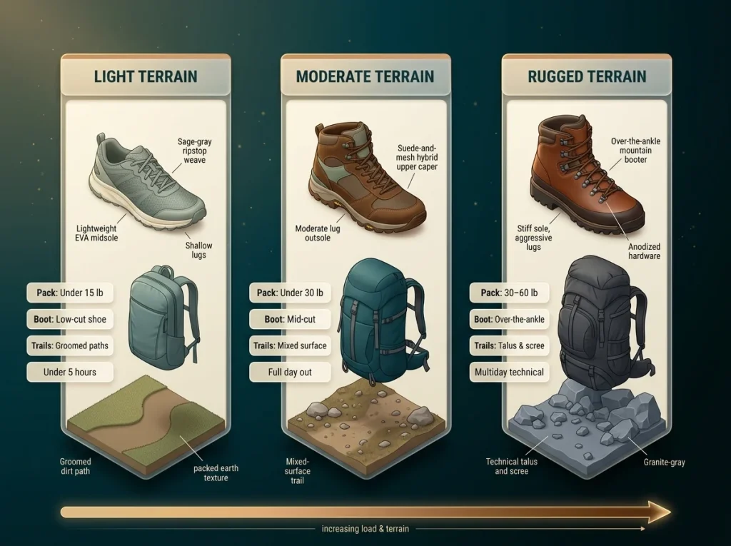 Infographic showing three hiking terrain tiers with pack weight, boot category, example trails, and footwear type per tier