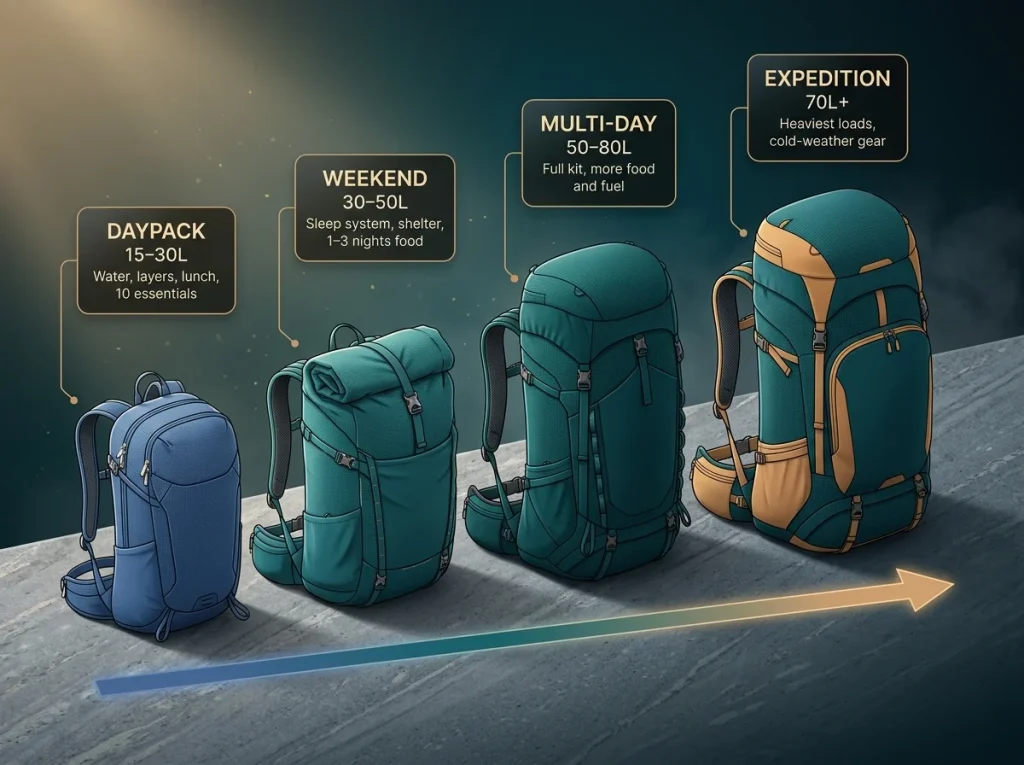 Infographic matching hiking pack types to capacity ranges and typical loads for day, weekend, multi-day, and ultralight trips