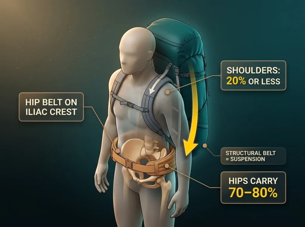 Annotated anatomy diagram showing hip belt on the iliac crest with 70-80% of pack load transferring to the pelvis