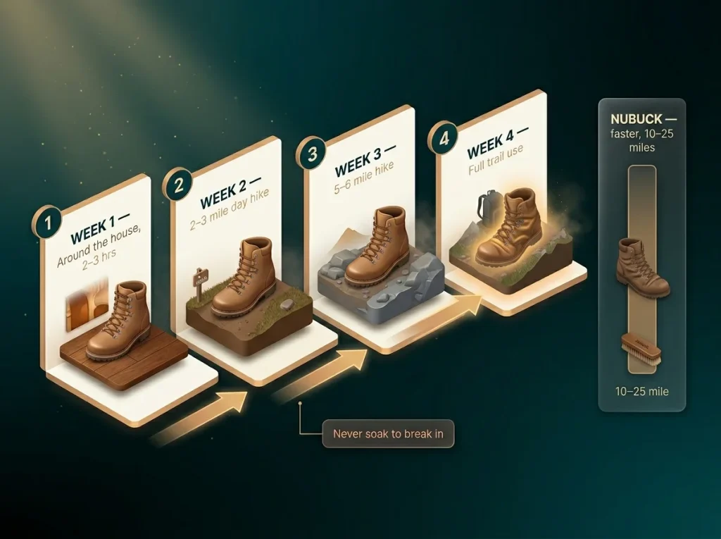Four-week full-grain boot break-in timeline with side panel showing faster nubuck break-in schedule
