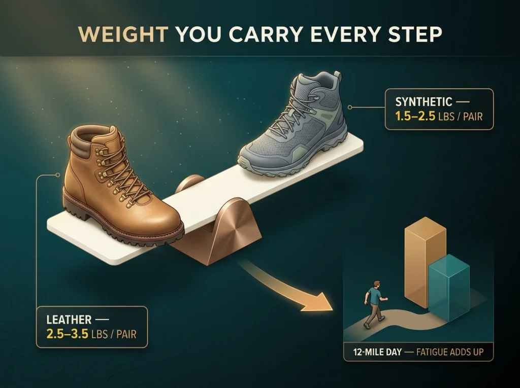 Infographic comparing leather vs synthetic hiking boot weight on a balanced scale with per-pair pounds and 12-mile fatigue panel