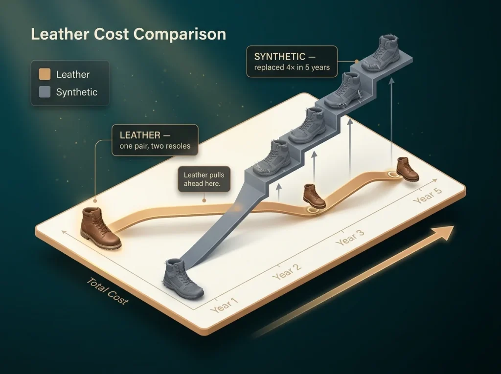 Line graph comparing 5-year cost of leather vs synthetic hiking boots with resole markers and replacement steps