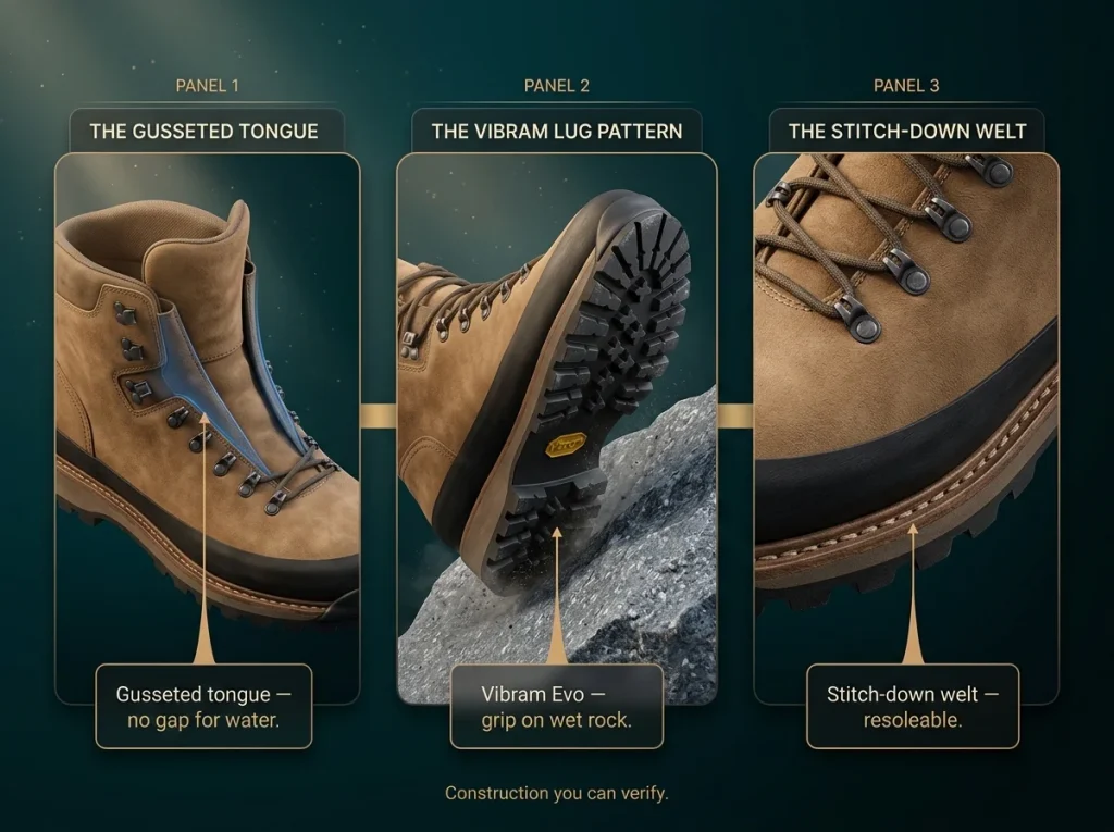 Detail sequence of Lowa Renegade EVO showing gusseted tongue, Vibram lug pattern, and stitch-down welt