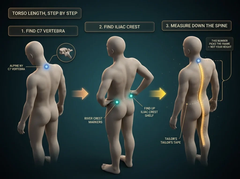 Step-by-step diagram showing how to measure torso length from C7 vertebra down the spine to the iliac crest with a soft tape