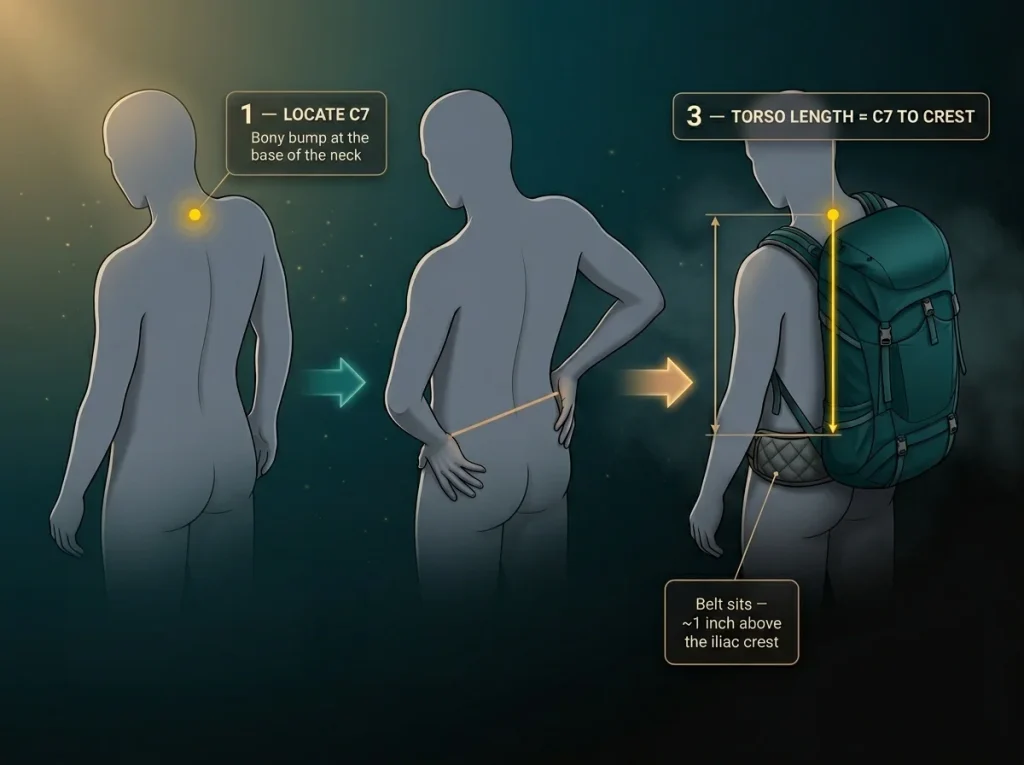 Annotated infographic showing how to measure torso length from C7 to iliac crest and place the hipbelt correctly on the hip shelf