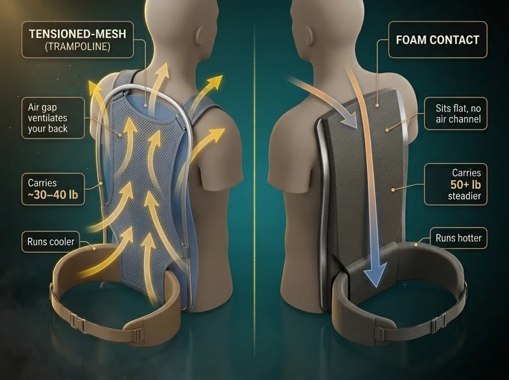 Cutaway diagram comparing tensioned-mesh back panel airflow against a foam contact panel load path to the hipbelt