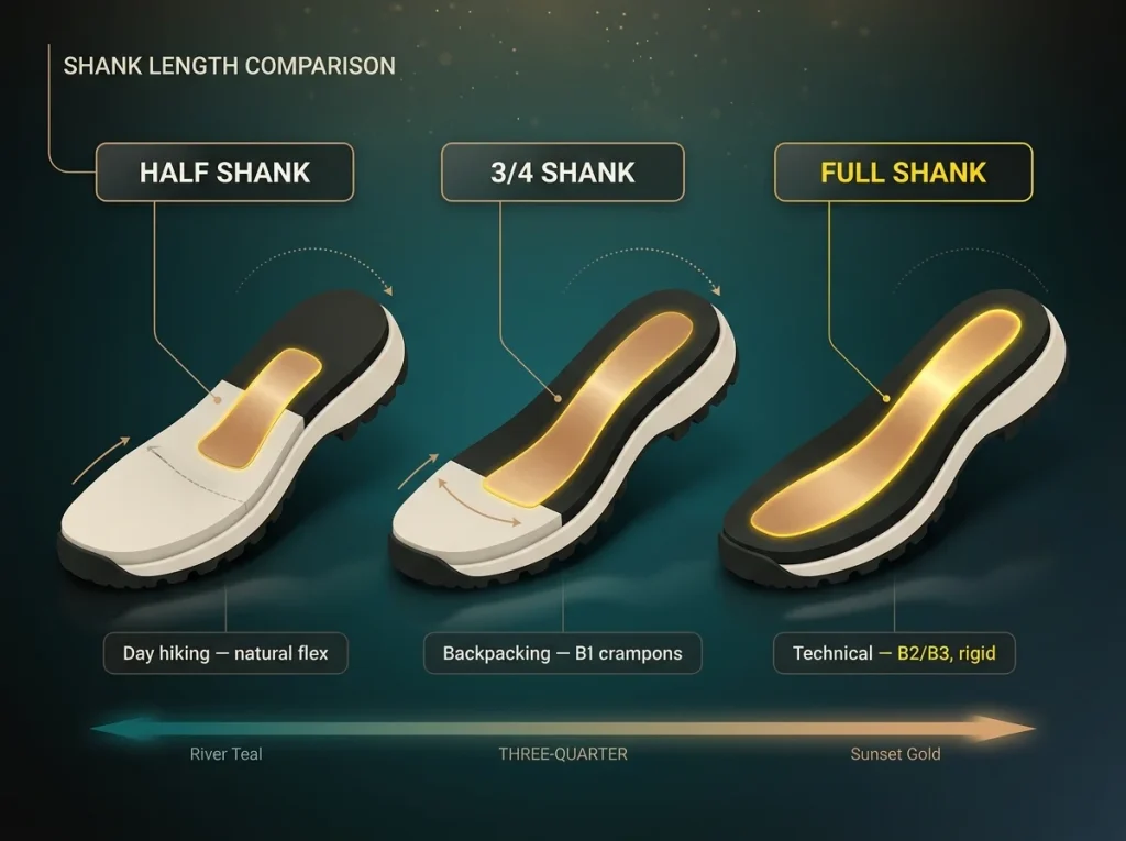 Diagram comparing half, three-quarter, and full shank hiking boot soles with the stiff shank zone highlighted in each