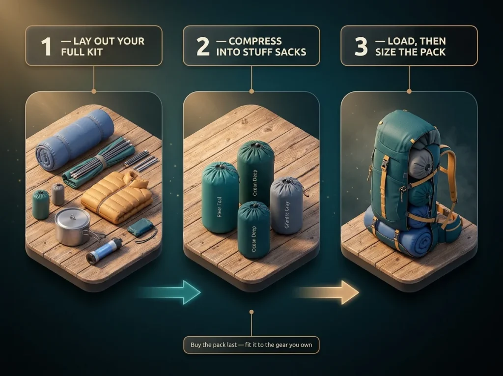 Step-by-step infographic showing hiking kit laid out, compressed into stuff sacks, then loaded into a pack to prove sizing the pack to the gear