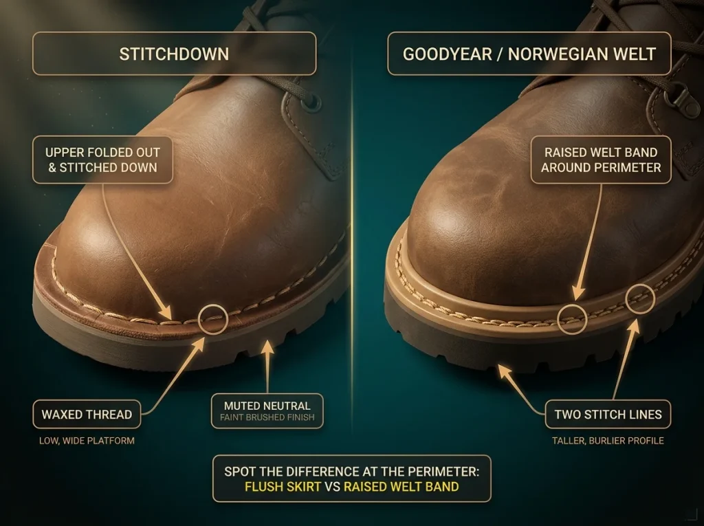 Annotated side-by-side comparison of a stitchdown boot sole edge vs a Goodyear welt sole edge for at-a-glance identification