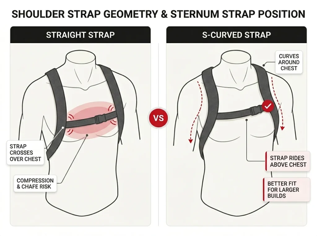 Side-by-side diagram comparing straight shoulder strap sternum placement over chest versus S-curved strap riding above chest for larger builds