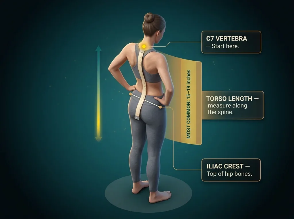 Anatomy infographic showing how to measure hiking backpack torso length from C7 vertebra to iliac crest with 15-19 inch band