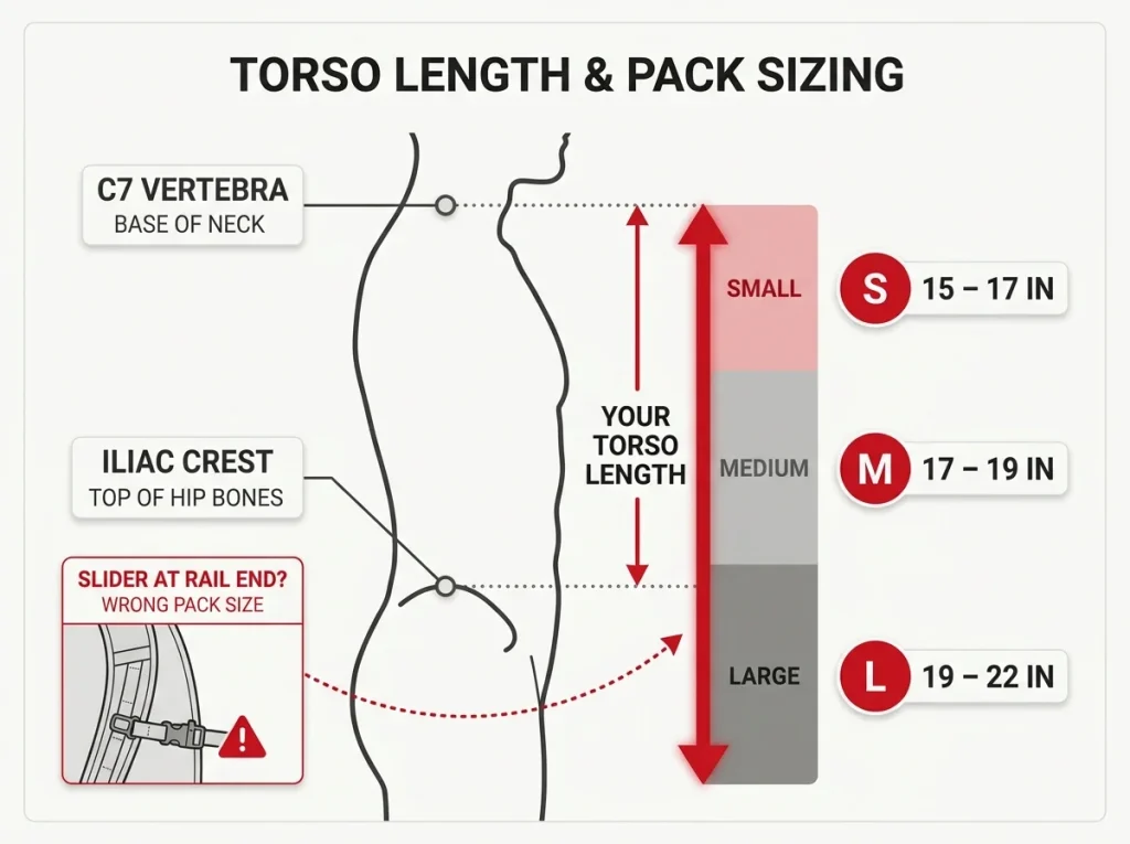 Diagram showing torso length measurement from C7 vertebra to iliac crest with S M L pack size ranges and slider warning callout