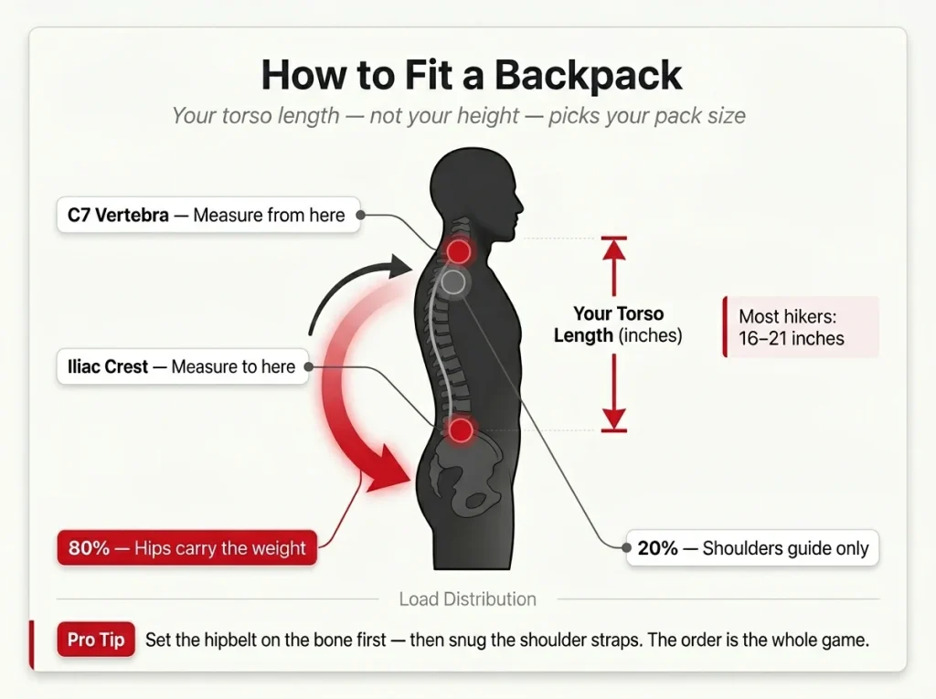Anatomy diagram showing torso length measurement from C7 vertebra to iliac crest with 80% hip / 20% shoulder load distribution arrows on a side silhouette